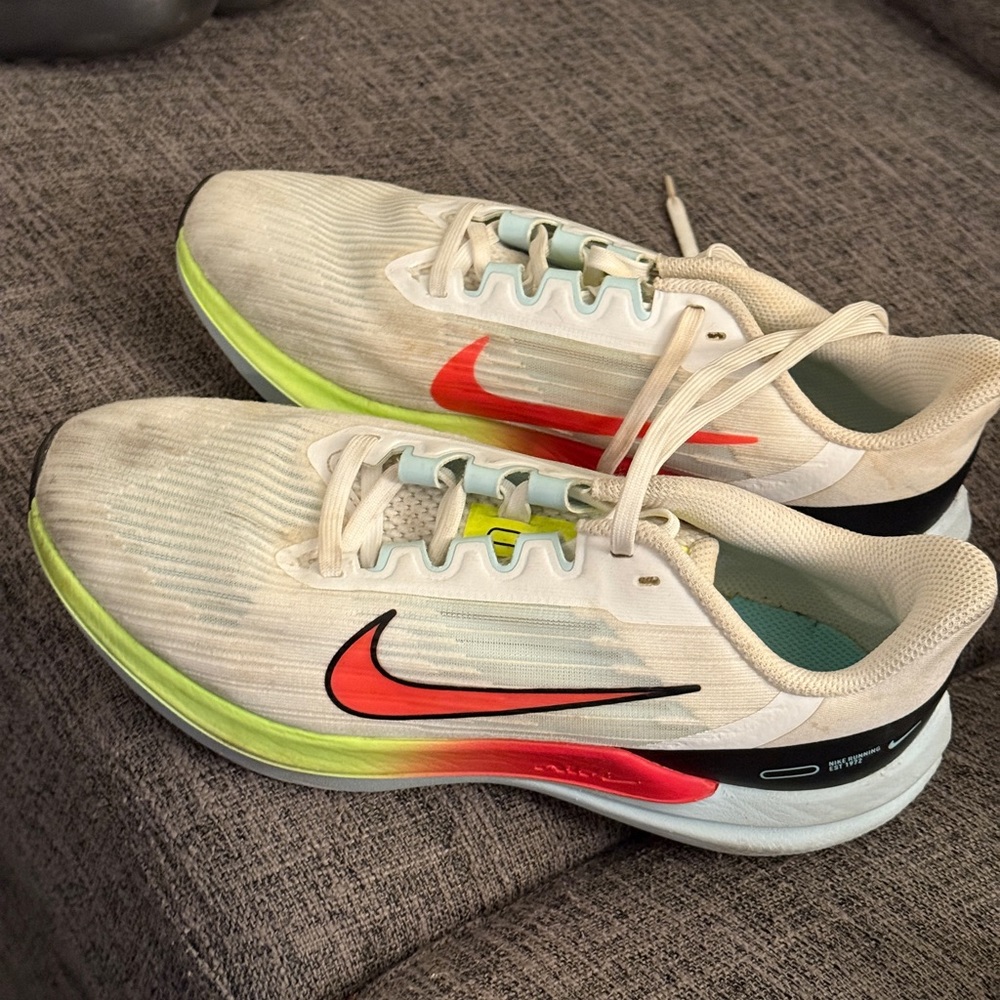 Nike White and Lime Green Running Shoes with Red Swoosh